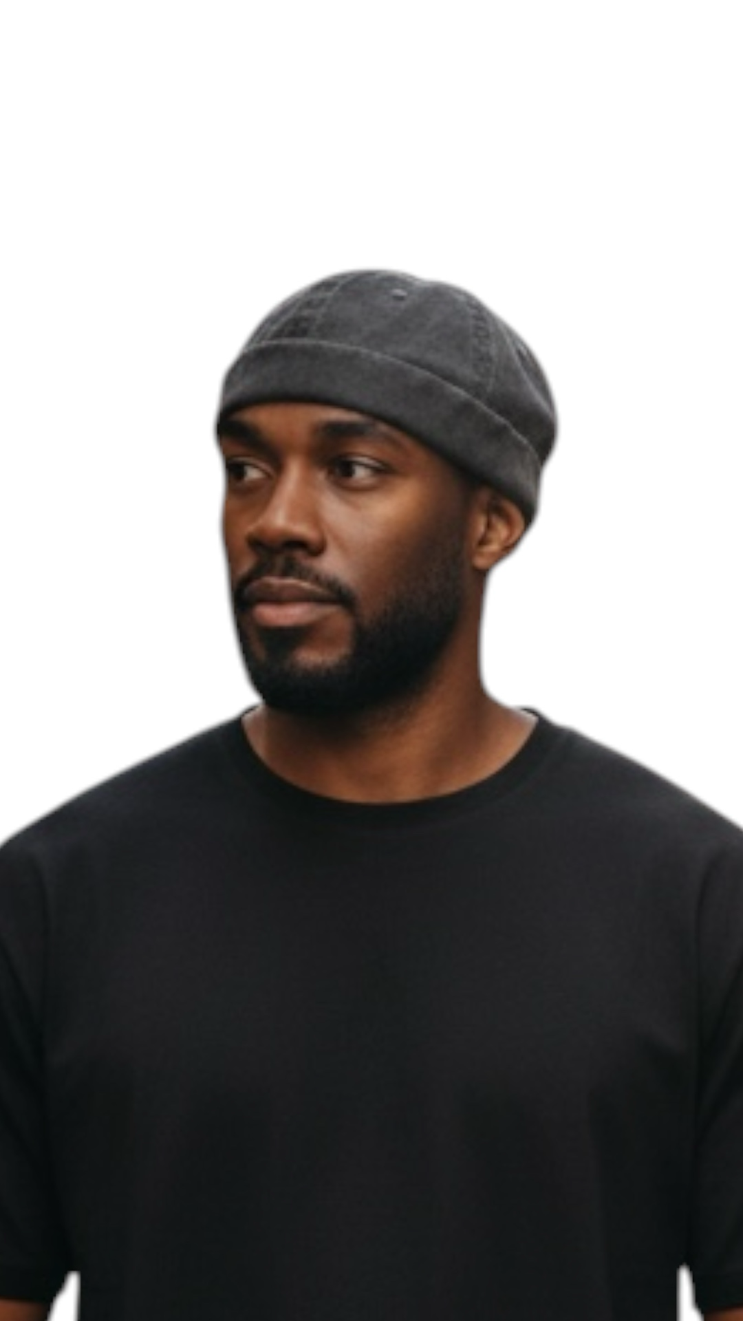 Peacefulcornerapparel distressed dark grey cotton docker hat worn by a man with a beard.