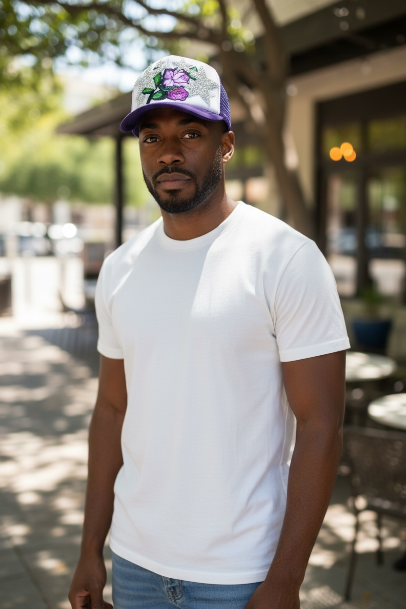 Peacefulcornerapparel embellished floral trucker hat with stars in purple and white, featuring rhinestones and mesh back.