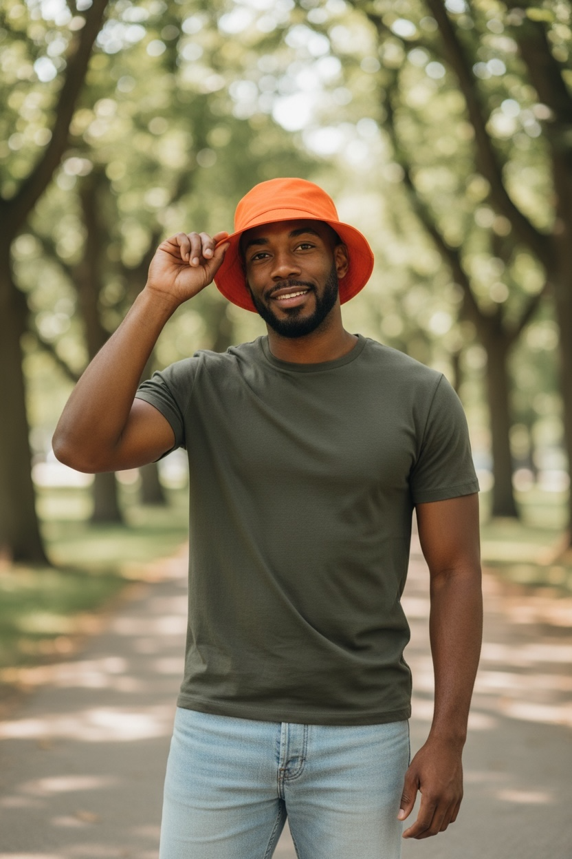 Peacefulcornerapparel orange cotton twill bucket hat with embroidered logo detail worn by a man outdoors.