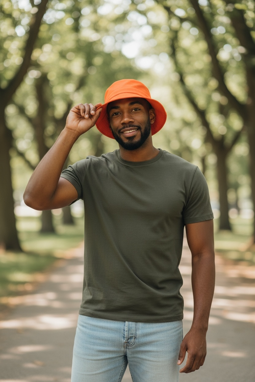 Peacefulcornerapparel orange cotton twill bucket hat with embroidered logo detail worn by a man outdoors.