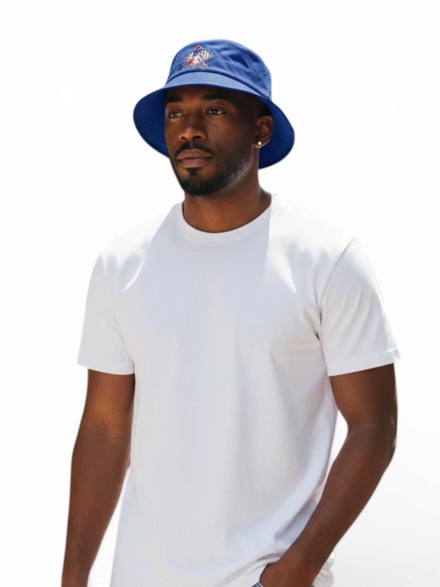 Peacefulcornerapparel royal blue cotton twill bucket hat with embroidered logo detail and wide brim for sun protection.